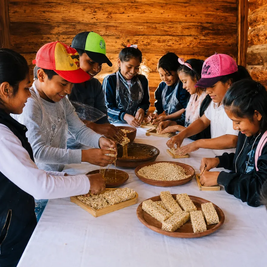 Alumnos preparando dulces de amaranto con miel